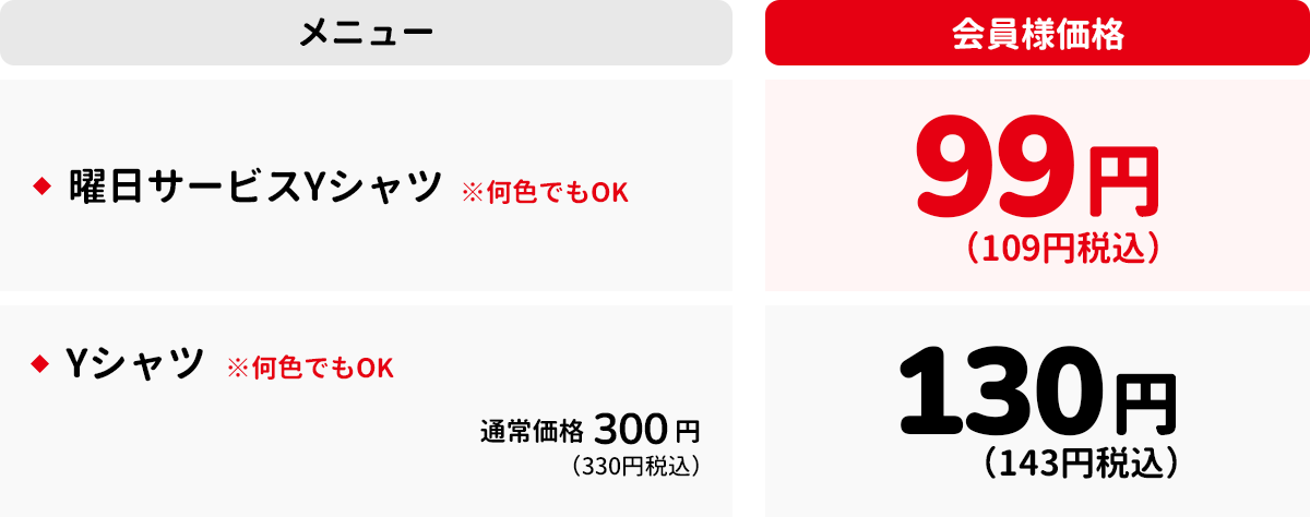 Yシャツ 価格表